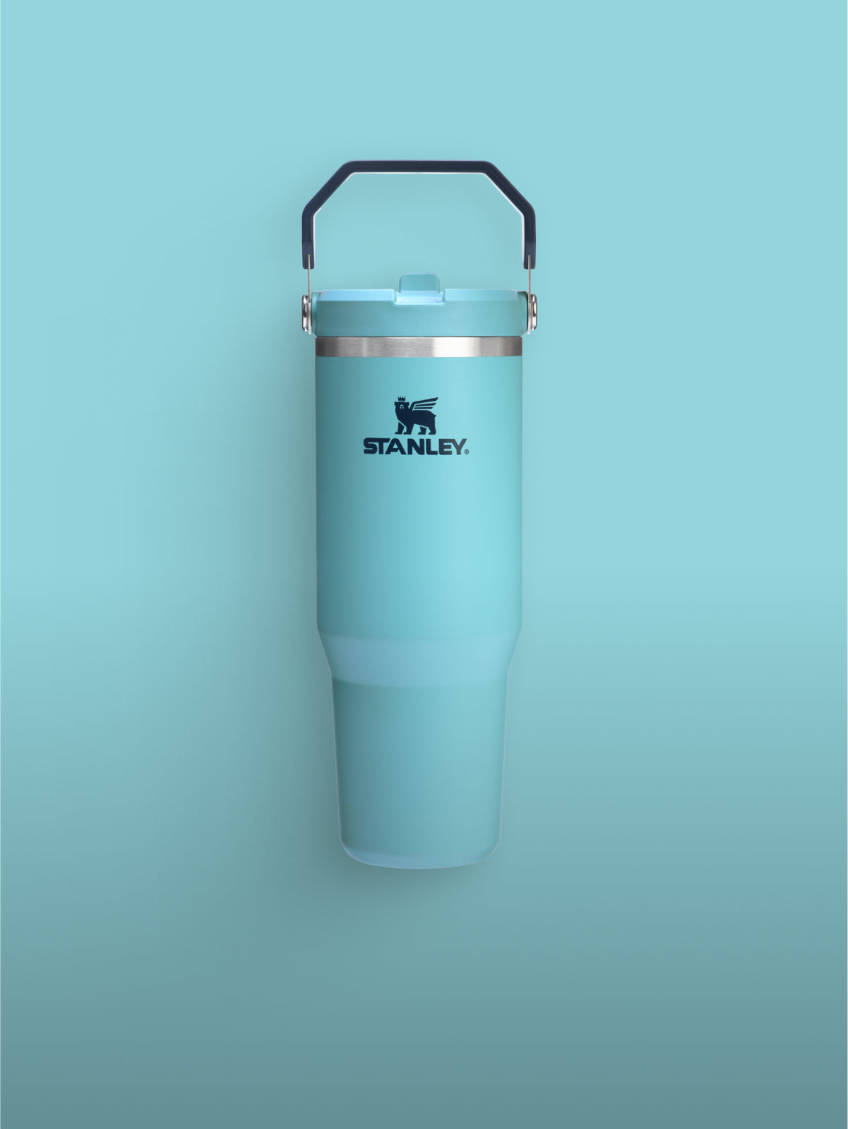Stanley IceFlow Water Bottle with handle and straw lid, front view on matching blue background