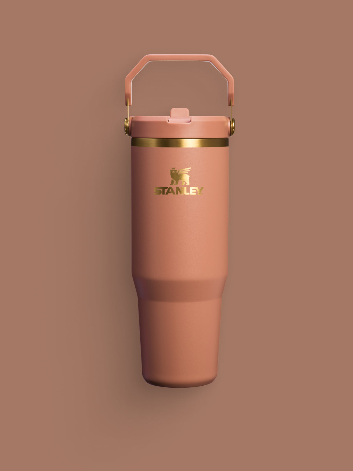 Stanley Fall Collection Tumbler in Mocha Latte Brown with gold accents on a brown backdrop