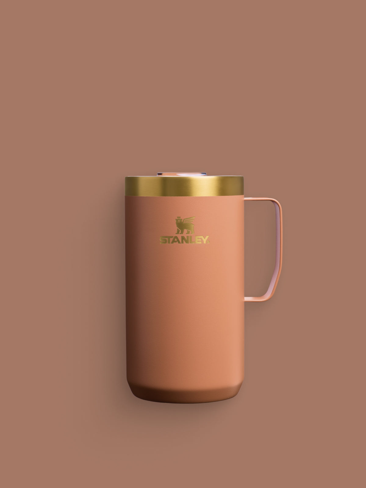 Stanley Fall Collection Mug in Mocha Latte Brown with gold accents on a brown backdrop