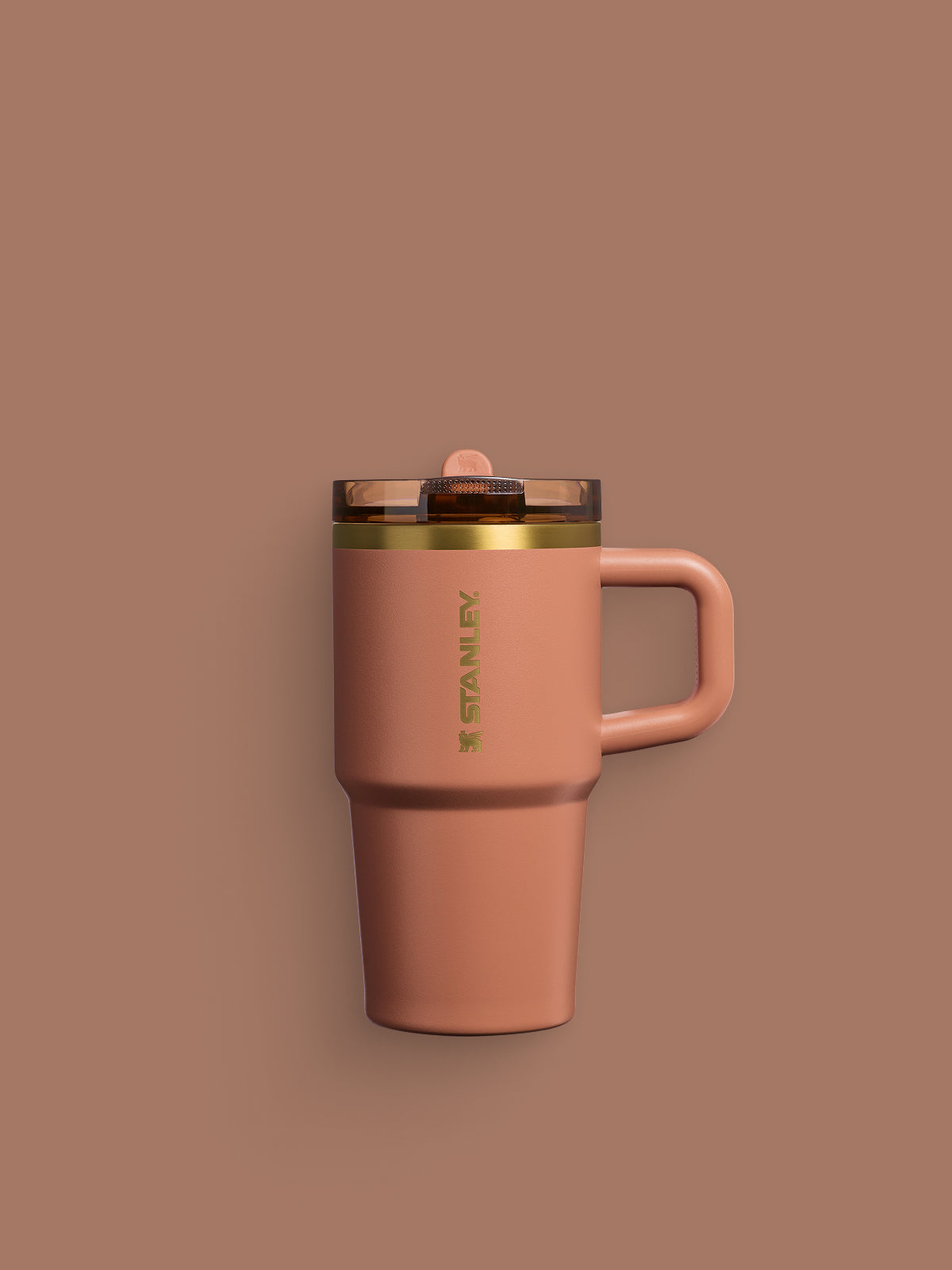 Stanley Fall Collection Tumbler in Mocha Latte Brown with gold accents on a brown backdrop