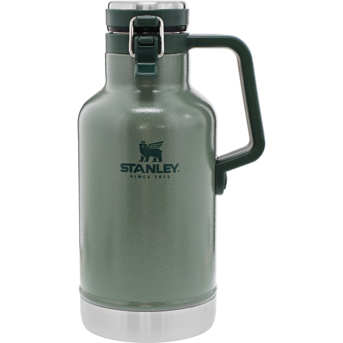 Stanley Insulated Growler in charcoal gray, with condensation on the exterior, positioned next to a picnic basket and cooler