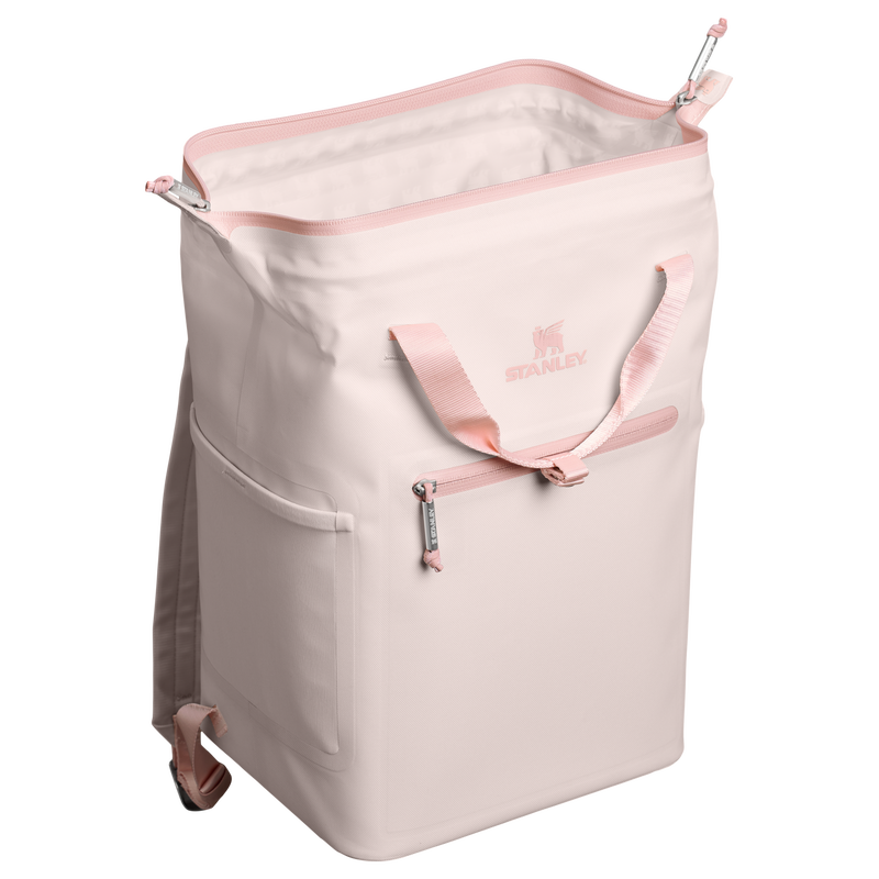 Stanley 1913 The All Day Madeleine Mini Cooler Backpack 20 Can 14 QT 13.2 L in Rose Quartz | Back Open View
