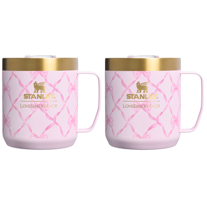 Stanley 1913 Stanley 1913 x LoveShackFancy Holiday Everyday Camp Mug Set 12 OZ in Baby Bow Pink Peppermint | Front View