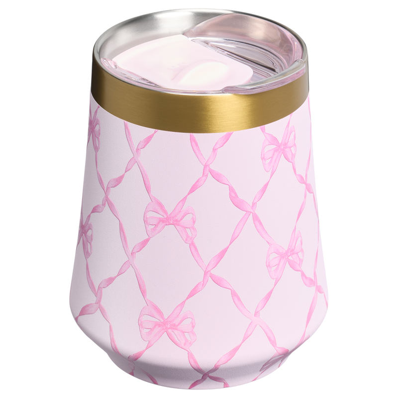 Stanley 1913 Stanley 1913 x LoveShackFancy Holiday Reserve Wine Tumbler 11 OZ in Baby Bow Pink Peppermint | Back View