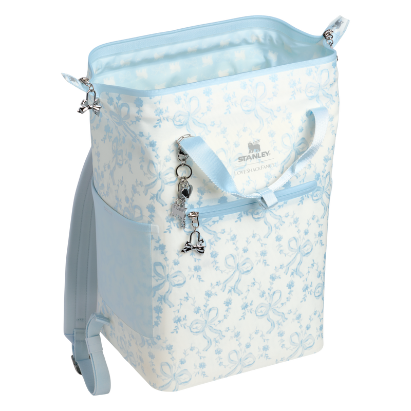 Stanley 1913 Stanley 1913 x LoveShackFancy Holiday All Day Madeleine Mini Cooler Backpack 20 Can 14 QT 13.2 L in Coquette Bow Winter Ice | Open View